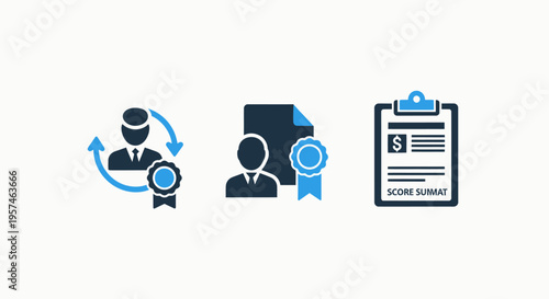 Business award icon, certified person symbol, and document checklist on clipboard, representing achievement and qualification