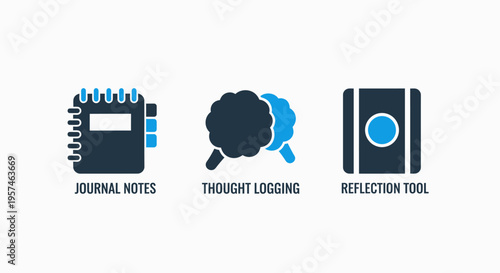 Journal notes notebook, thought logging cloud, and reflection tool icon representing personal development and mental well-being