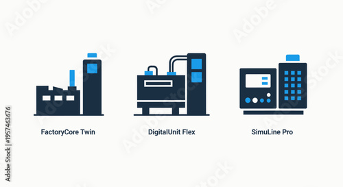 Industrial factory building, digital twin system, and processing machine icons representing manufacturing and technology