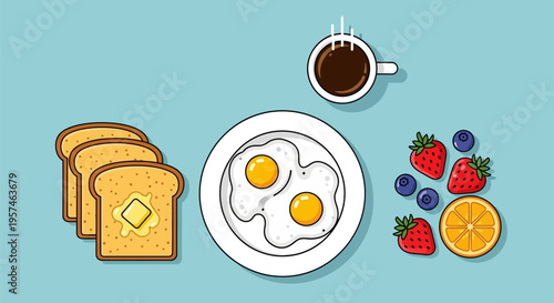 Delicious and Nutritious Breakfast Spread with Eggs Toast Coffee and Fresh Fruit.