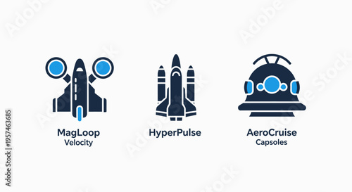Future transportation concepts icons: futuristic aircraft and spacecraft designs, isolated on white background