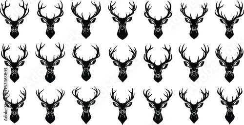 Deer head silhouettes with antlers, buck and stag hunting icons set, forest animal wildlife vector collection isolated on white background.