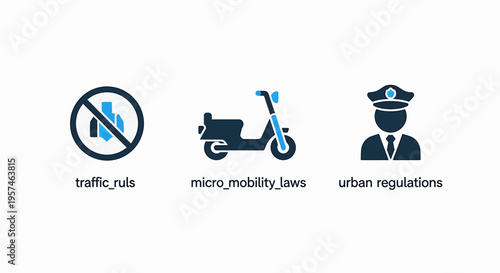 Urban mobility icons: traffic rules, micromobility laws, urban regulations, representing city transportation and safety