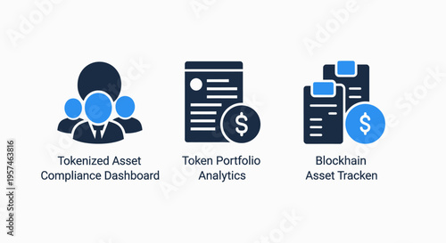 Finance and crypto icons: tokenized assets, portfolio analytics, blockchain tracker, representing investment and digital currency