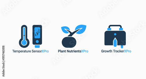 Agriculture technology icons: temperature sensor, plant nutrients meter, growth tracker for smart farming and horticulture