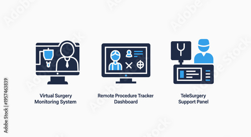 Medical technology icons: virtual surgery simulation, procedure dashboard, telesurgery support panel, for healthcare innovation