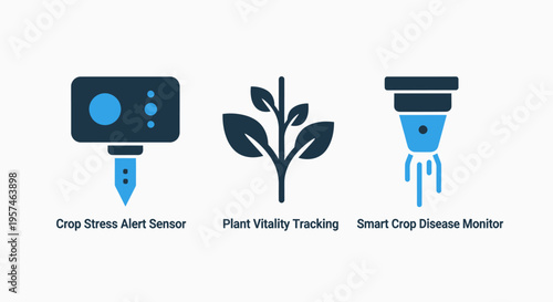 Crop sensor, plant vitality, and drip irrigation icons for smart agriculture technology