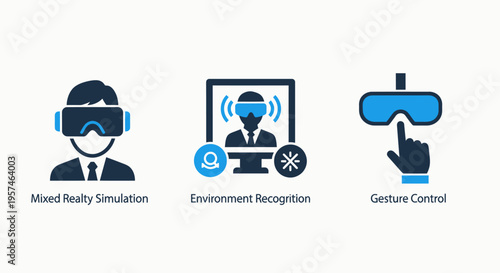 Virtual reality icons: vr headset, user navigation, hand gestures for immersive technology and digital experiences, flat design