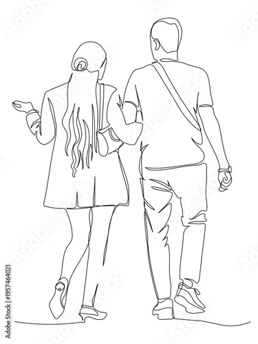 Man and woman with long hair talking and walking away. Back view. Continuous line drawing. Vector illustration in line art style.