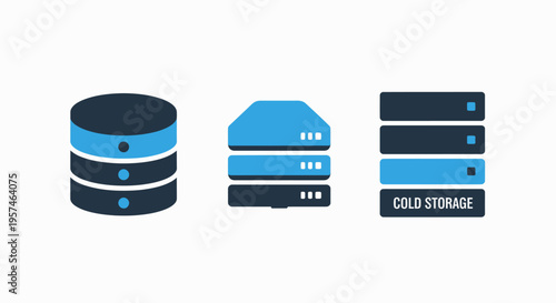 Icons representing data storage solutions, including databases, servers, and cold storage in technology - vector, big data