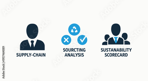 Icons for supply chain management, sourcing analysis, and sustainability scorecards in business - vector