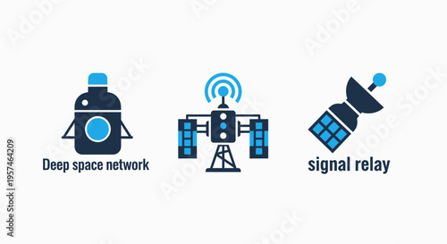 Space exploration and communication technology icons: satellite, deep space network, signal relay