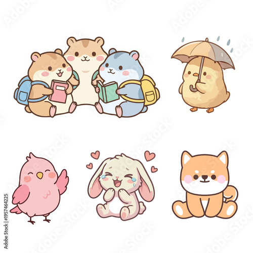 Canvastavla Cute Cartoon Animals with School Backpacks and Books, a Cheerful Bunny, a Fluffy