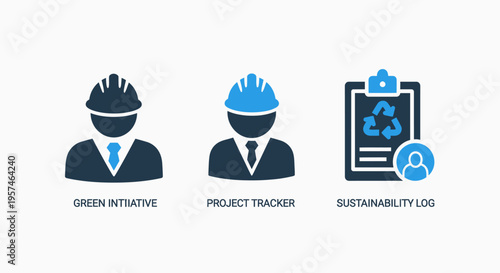 Construction and management icons: engineer, contractor, project checklist, recycling