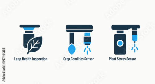 Agricultural technology icons - leaf inspection, crop sensor, plant stress sensor for smart farming and crop management