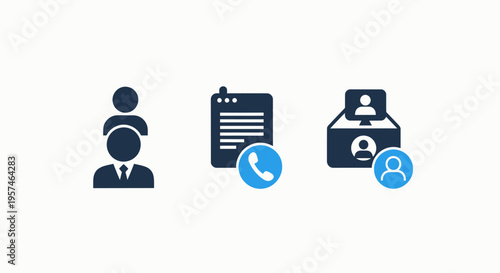 Contact and communication icons - user group, document with call, user selection for customer service and support