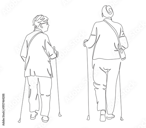 2 senior women at nordic walking activity. Linear drawing. Black and white vector illustration in line art style.