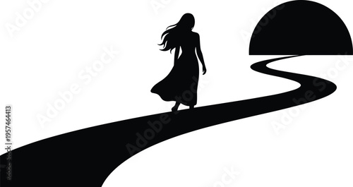 lonely woman silhouette walking, winding road path, abstract minimal landscape, sunset horizon scene, emotional solitude concept, black white illustration art