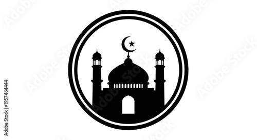 Islamic mosque silhouette icon with crescent moon and star in a circular frame. Religious symbol representing Muslim culture and worship.