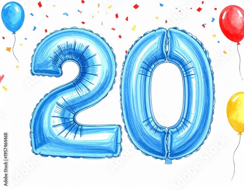 Pencil drawing of blue number 20 balloon. Sketch for birthday or anniversary party