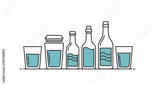 Glass water bottles and cups line art icon set on white