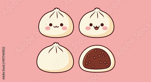 Kawaii Steamed Bun Illustration with Red Bean Filling on Pink