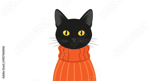 Black cat wearing orange turtleneck sweater illustration