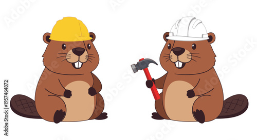 Beaver construction workers with hard hats and hammer illustration