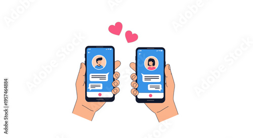 Hands holding smartphones with dating app chat and heart icons