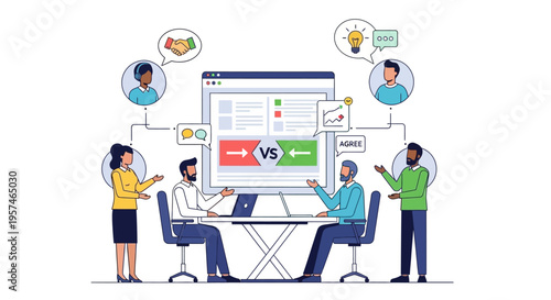 Business Team Collaboration and Strategic Decision Making. Online Debate, Data Analysis, and Agreement Process Illustration.