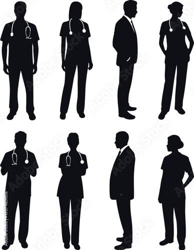 Collection of medical staff and business people silhouette poses, doctors and professionals in standing positions, black vector figures isolated on white background for healthcare and corporate design