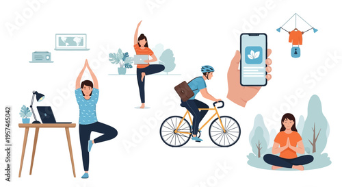 Modern Healthy Lifestyle & Work-Life Balance: Wellness, Remote Work, Cycling, and Sustainability Habits Illustration