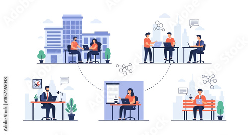 Global Remote Work & Hybrid Team Collaboration Concept. Diverse Professionals Working from Various Locations, Connected by Digital Network.