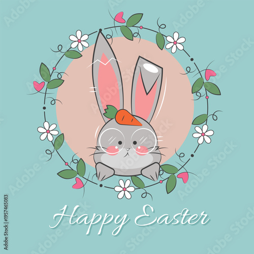 Happy easter cartoon bunny with glasses and floral wreath