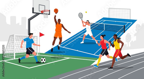 Diverse athletes engaged in various sports activities on a multi-sport field.