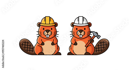 Two Beaver Construction Workers with Hard Hats and Hammer Vector