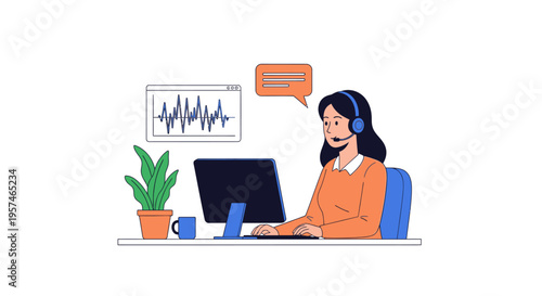 Customer support representative woman with headset working at desk