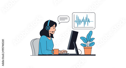 Customer support woman with headset working at computer desk