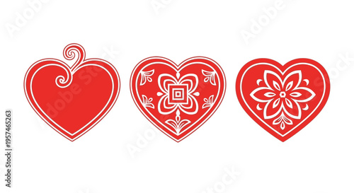 Red Heart Icons with Ornamental Filigree and White Patterns