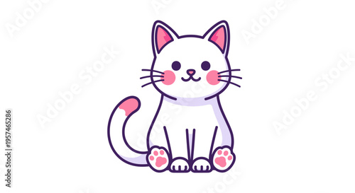 White Kawaii Cat Sitting Illustration on White Background