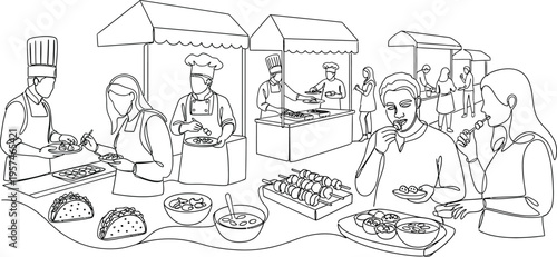 food market scene with chefs and people