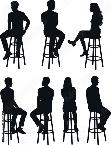Collection of people sitting on bar stool silhouette poses in various casual positions, black vector figures isolated on white background for lifestyle, conversation, and design use