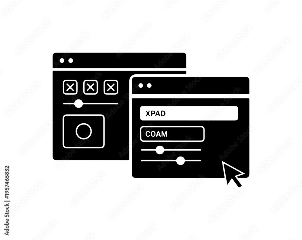 Fototapeta premium Silhouette of two overlapping browser windows with ui elements