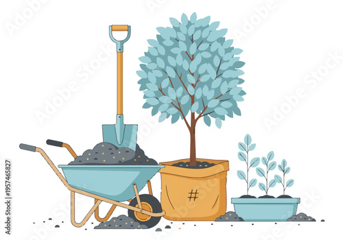 Gardening and planting illustration with tools, tree sapling, and plants