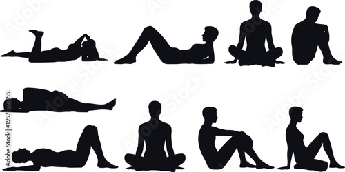 Collection of human body silhouette poses in various sitting and lying positions, minimal black vector style figures isolated on white background for fitness, anatomy, and lifestyle concepts
