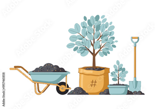 Gardening and tree planting concept with tools, saplings, and soil