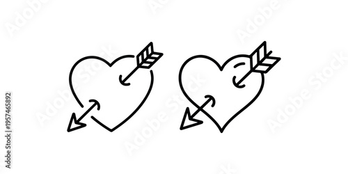 Two hearts pierced by arrows, representing love or being in love, simple outline vector design on white background.