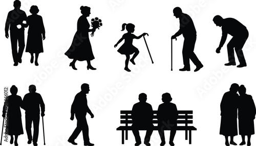 Elderly people silhouettes set showing senior men women walking with cane sitting couple and family isolated on white background vector