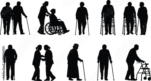 elderly people silhouette set, senior care support, wheelchair assistance, walking cane figures, healthcare help, disability concept, aging population, medical care, inclusive society
