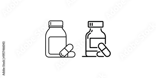 Two simple outline icons representing medical pills in bottles with capsules and another bottle with a pill next to it